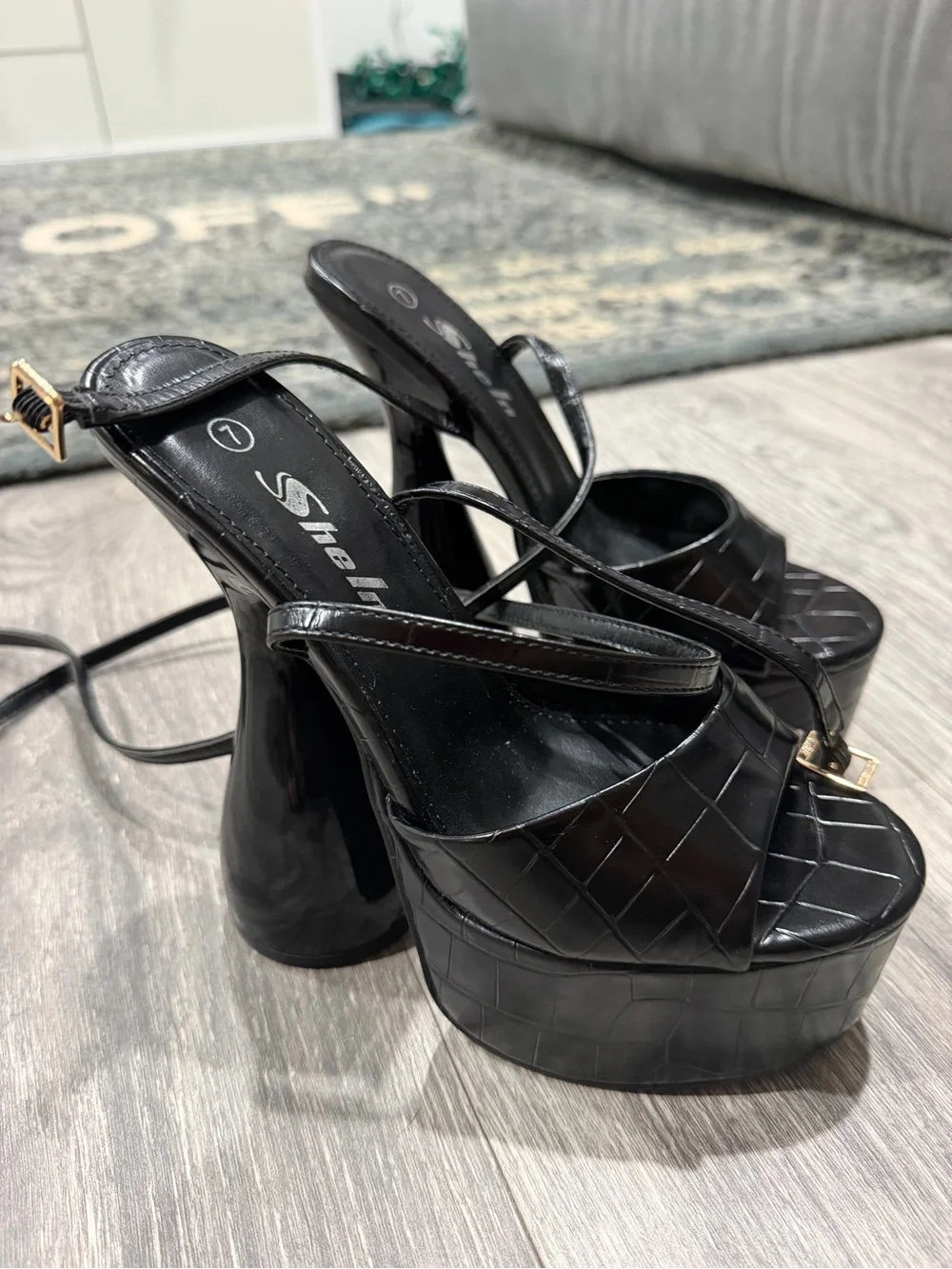 Black Platform Ankle-Strap High Heel Sandal